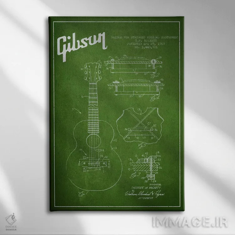 تابلو طرح ثبت اختراع ساز زهی گیبسون (سبز) اثر پیکسل کهنه (استودیو/نام هنری) - نمای روبهرو روی دیوار