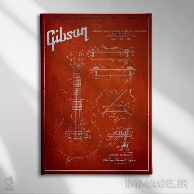 تابلو طرح ثبت اختراع ساز زهی گیبسون (قرمز) اثر پیکسل کهنه (استودیو/نام هنری) - نمای روبهرو روی دیوار