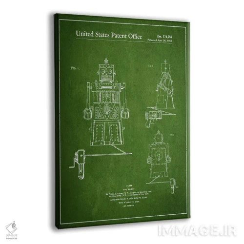 تابلو طرح ثبت اختراع ربات اسباببازی (سبز) اثر پیکسل کهنه (استودیو/نام هنری) - نمای پرسپکتیو محصول