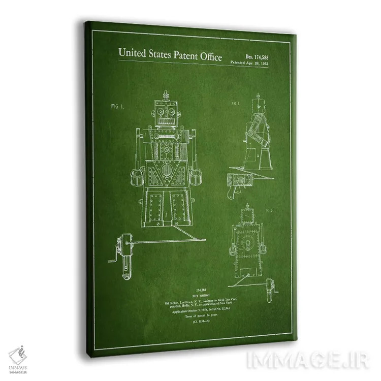 تابلو طرح ثبت اختراع ربات اسباببازی (سبز) اثر پیکسل کهنه (استودیو/نام هنری) - نمای پرسپکتیو محصول