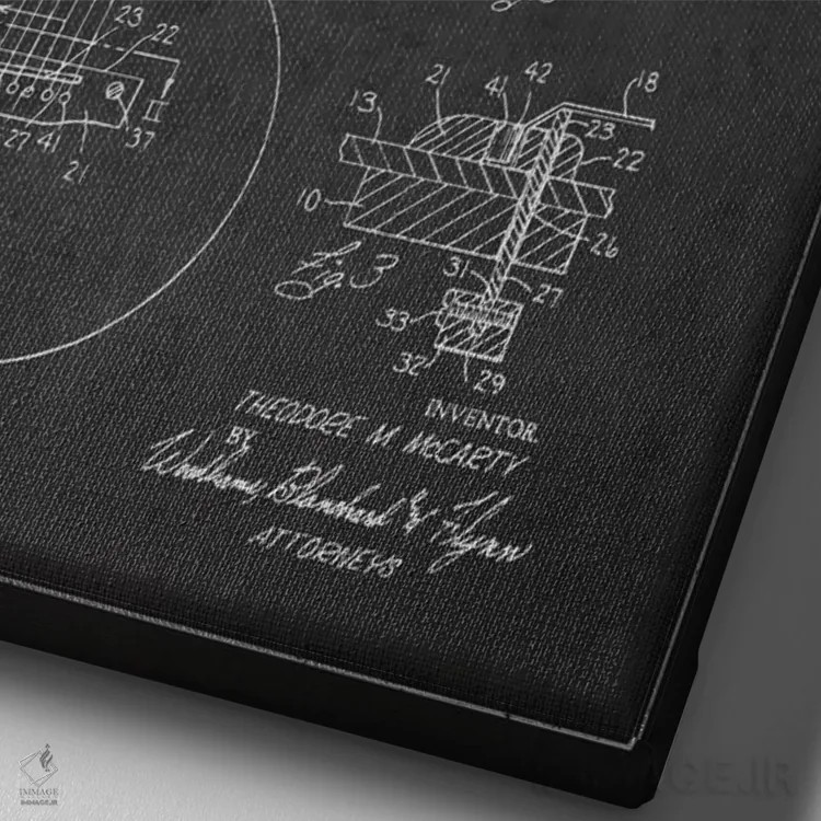 تابلو طرح ثبت اختراع ساز زهی گیبسون (زغالی) اثر پیکسل کهنه (استودیو/نام هنری) - نمای نزدیک بافت بوم