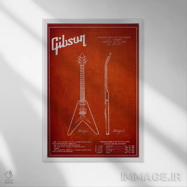 تابلو طرح ثبت اختراع گیتار الکتریک گیبسون (قرمز) اثر پیکسل کهنه (استودیو/نام هنری) - نمای قابدار سفید