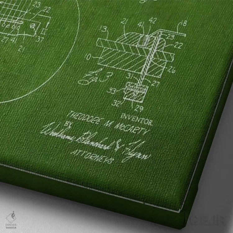 تابلو طرح ثبت اختراع ساز زهی گیبسون (سبز) اثر پیکسل کهنه (استودیو/نام هنری) - نمای نزدیک بافت بوم