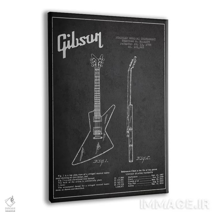 تابلو طرح ثبت اختراع گیتار الکتریک گیبسون (زغالی) اثر پیکسل کهنه (استودیو/نام هنری) - نمای پرسپکتیو محصول