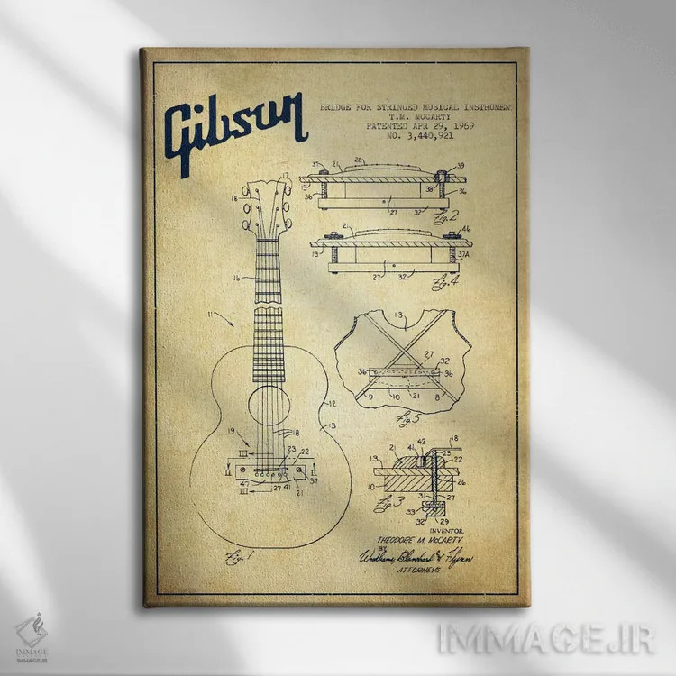 تابلو طرح ثبت اختراع ساز زهی گیبسون (کهنه) اثر پیکسل کهنه (استودیو/نام هنری) - نمای روبهرو روی دیوار