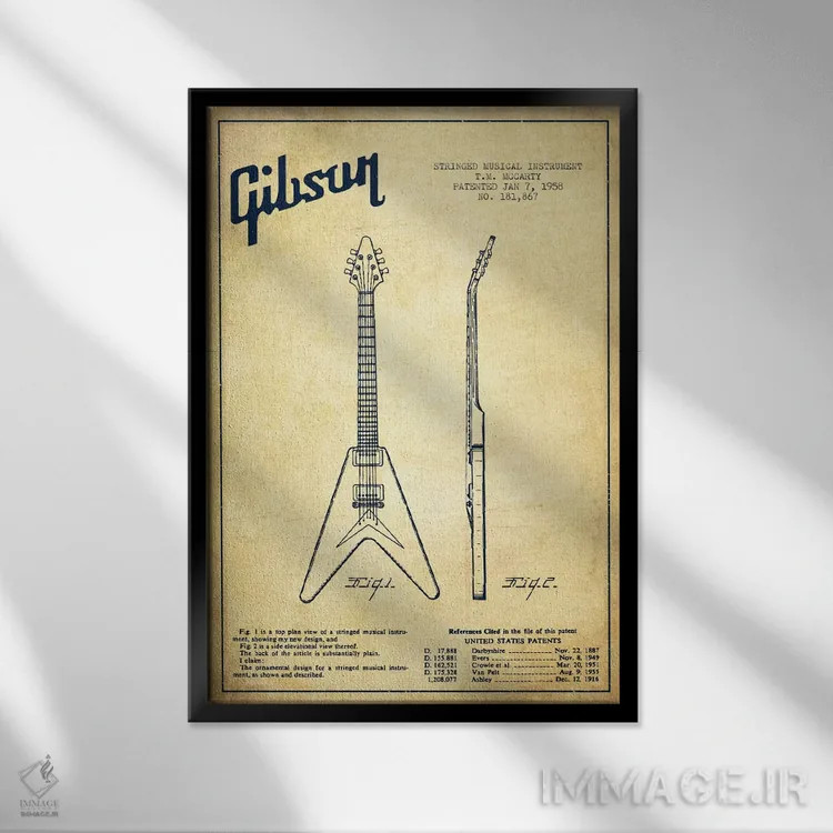 تابلو طرح ثبت اختراع گیتار الکتریک گیبسون (کهنه) اثر پیکسل کهنه (استودیو/نام هنری) - نمای قابدار مشکی