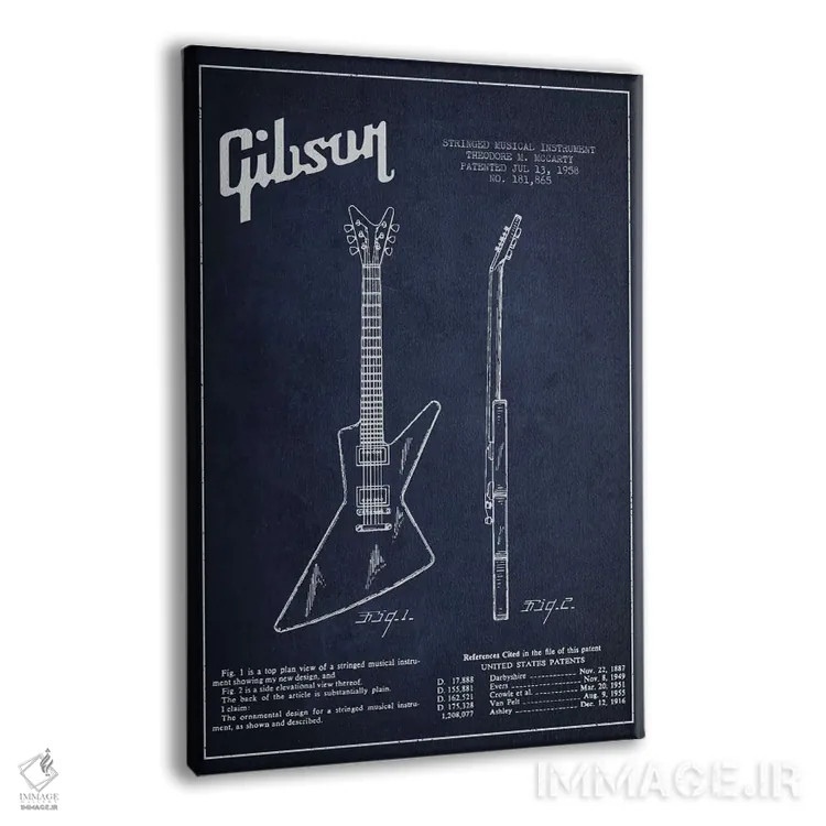 تابلو نقشهٔ اختراعی گیتار برقی گیبسون (آبی نفتی) اثر پیکسل کهنه (استودیو/نام هنری) - نمای پرسپکتیو محصول