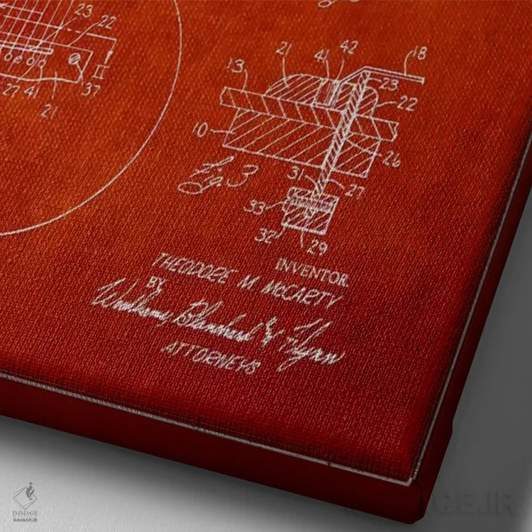 تابلو طرح ثبت اختراع ساز زهی گیبسون (قرمز) اثر پیکسل کهنه (استودیو/نام هنری) - نمای نزدیک بافت بوم