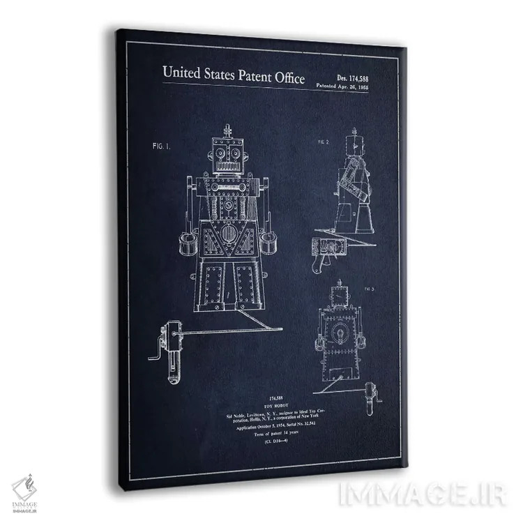 تابلو نقشهٔ پتنت آدمک اسباببازی (آبی نفتی) اثر پیکسل کهنه (استودیو/نام هنری) - نمای پرسپکتیو محصول