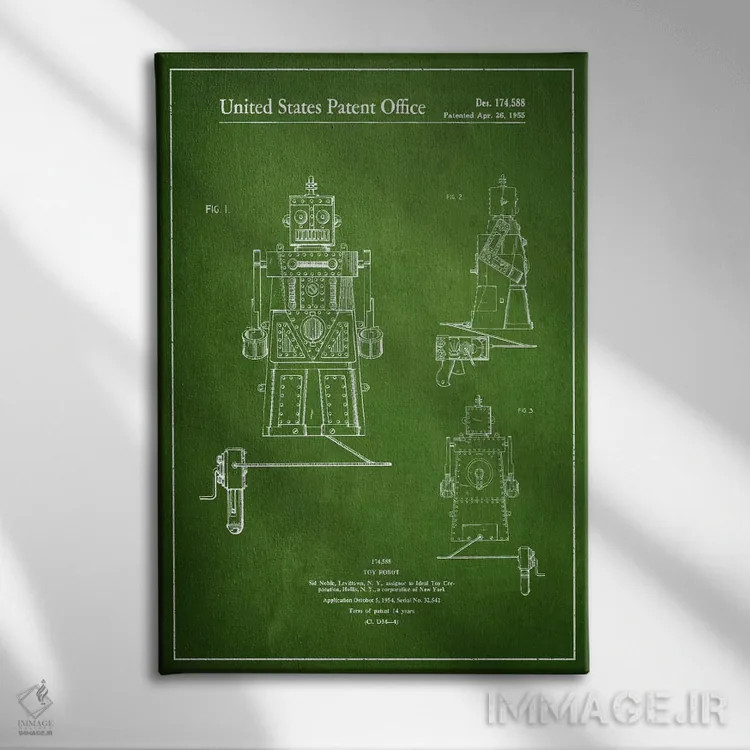 تابلو طرح ثبت اختراع ربات اسباببازی (سبز) اثر پیکسل کهنه (استودیو/نام هنری) - نمای روبهرو روی دیوار