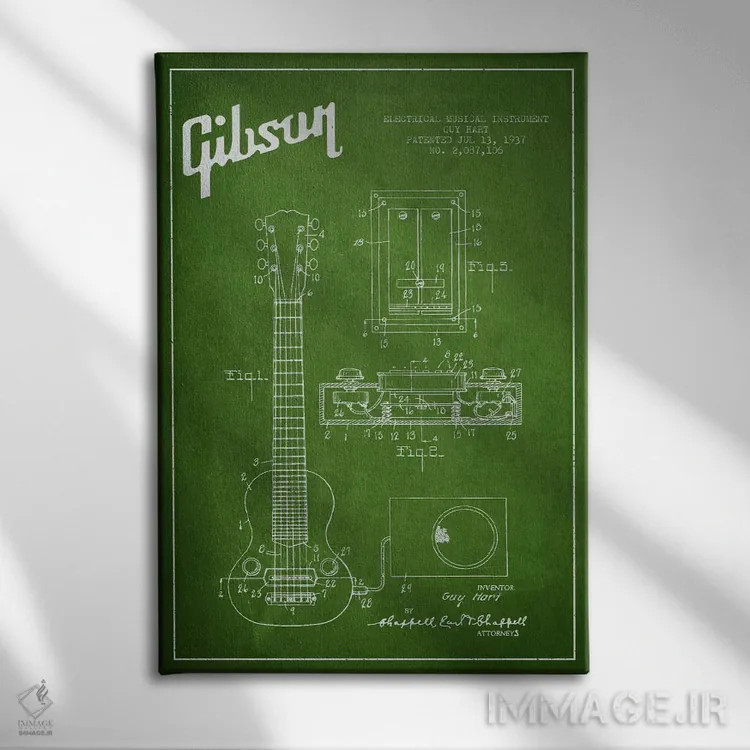 تابلو طرح ثبت اختراع گیتار الکتریک گیبسون (سبز) اثر پیکسل کهنه (استودیو/نام هنری) - نمای روبهرو روی دیوار