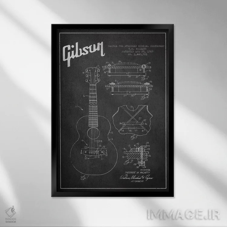 تابلو طرح ثبت اختراع ساز زهی گیبسون (زغالی) اثر پیکسل کهنه (استودیو/نام هنری) - نمای قابدار مشکی