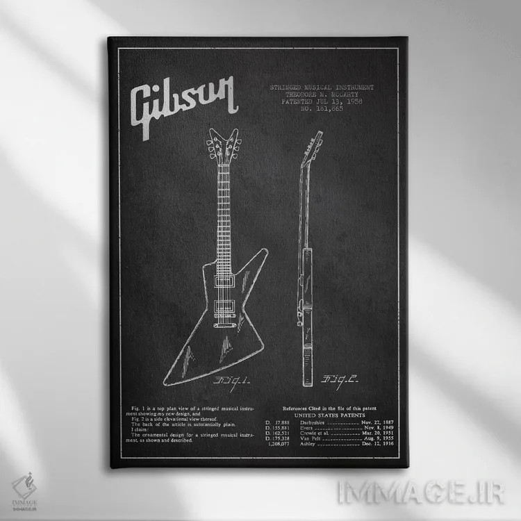 تابلو طرح ثبت اختراع گیتار الکتریک گیبسون (زغالی) اثر پیکسل کهنه (استودیو/نام هنری) - نمای روبهرو روی دیوار