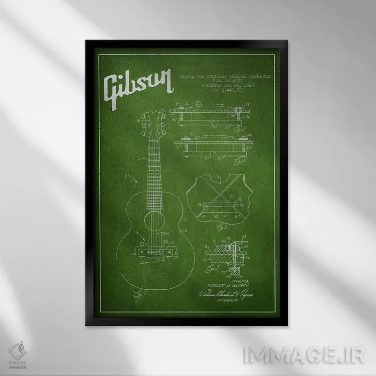 تابلو طرح ثبت اختراع ساز زهی گیبسون (سبز) اثر پیکسل کهنه (استودیو/نام هنری) - نمای قابدار مشکی