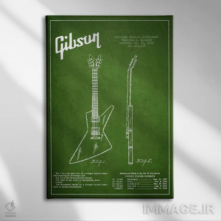 تابلو طرح ثبت اختراع گیتار الکتریک گیبسون (سبز) اثر پیکسل کهنه (استودیو/نام هنری) - نمای روبهرو روی دیوار