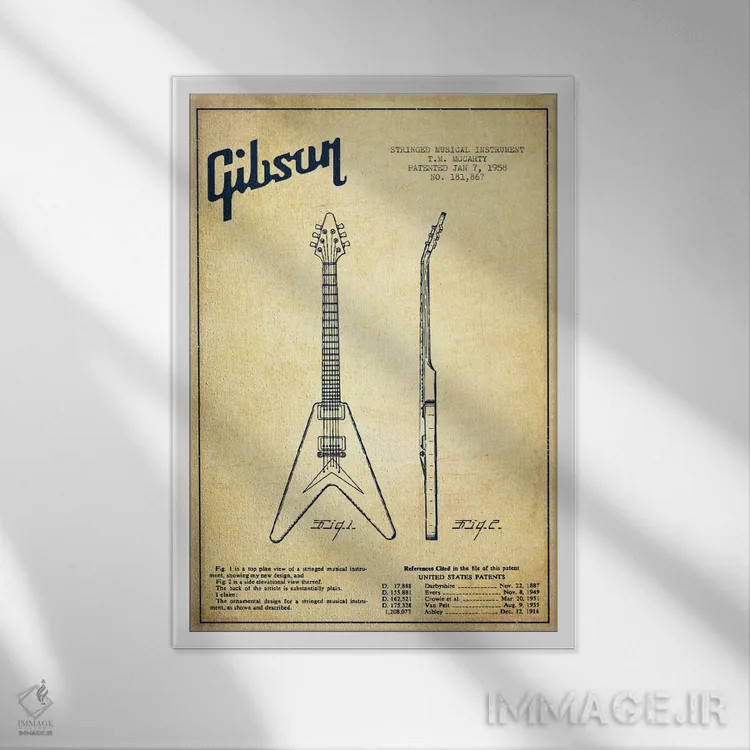 تابلو طرح ثبت اختراع گیتار الکتریک گیبسون (کهنه) اثر پیکسل کهنه (استودیو/نام هنری) - نمای قابدار سفید