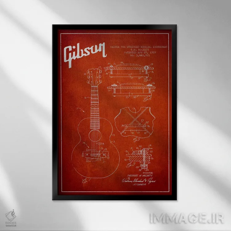 تابلو طرح ثبت اختراع ساز زهی گیبسون (قرمز) اثر پیکسل کهنه (استودیو/نام هنری) - نمای قابدار مشکی