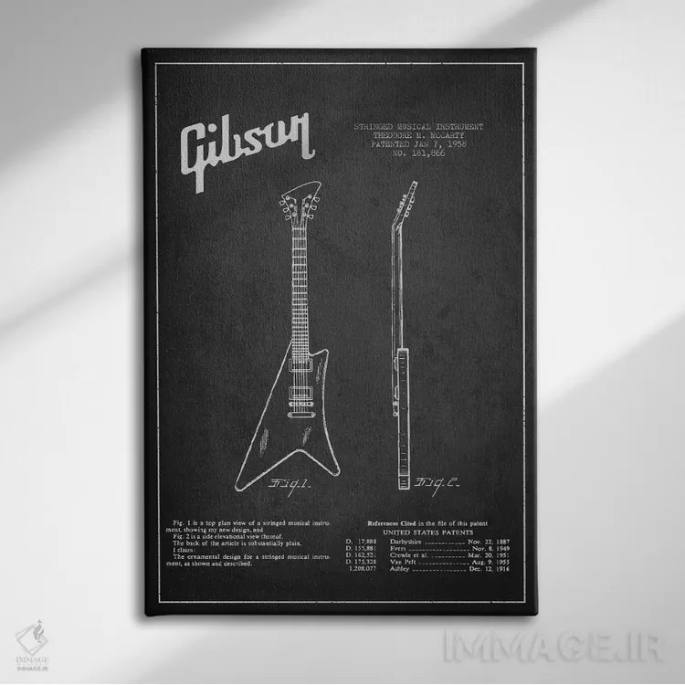 تابلو نقشهٔ اختراعی ساز گیبسون (زغالی) اثر پیکسل کهنه (استودیو/نام هنری) - نمای روبهرو روی دیوار