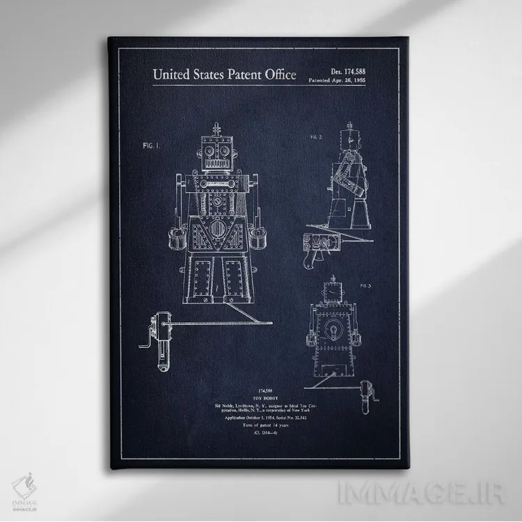 تابلو نقشهٔ پتنت آدمک اسباببازی (آبی نفتی) اثر پیکسل کهنه (استودیو/نام هنری) - نمای روبهرو روی دیوار