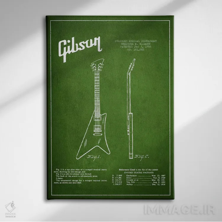 تابلو نقشهٔ اختراعی ساز گیبسون (سبز) اثر پیکسل کهنه (استودیو/نام هنری) - نمای روبهرو روی دیوار