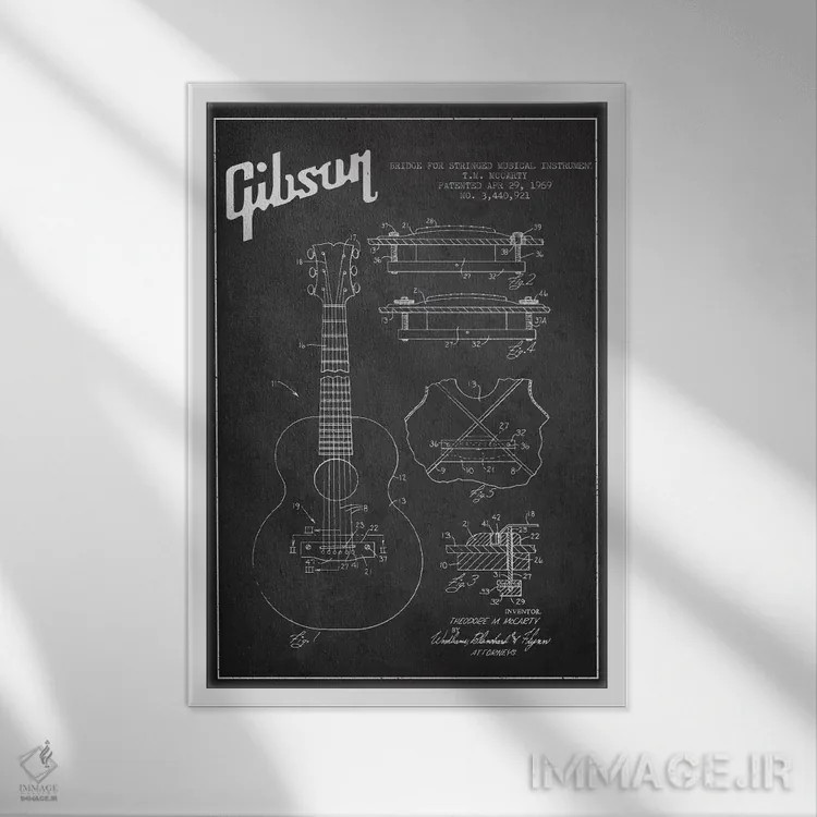 تابلو طرح ثبت اختراع ساز زهی گیبسون (زغالی) اثر پیکسل کهنه (استودیو/نام هنری) - نمای قابدار سفید