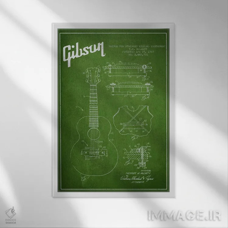 تابلو طرح ثبت اختراع ساز زهی گیبسون (سبز) اثر پیکسل کهنه (استودیو/نام هنری) - نمای قابدار سفید