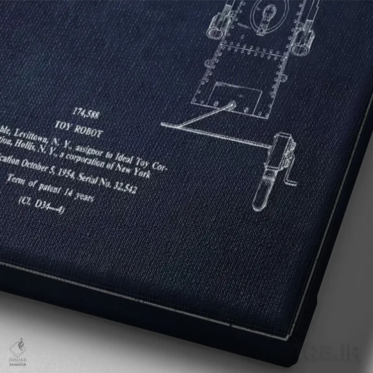 تابلو نقشهٔ پتنت آدمک اسباببازی (آبی نفتی) اثر پیکسل کهنه (استودیو/نام هنری) - نمای نزدیک بافت بوم