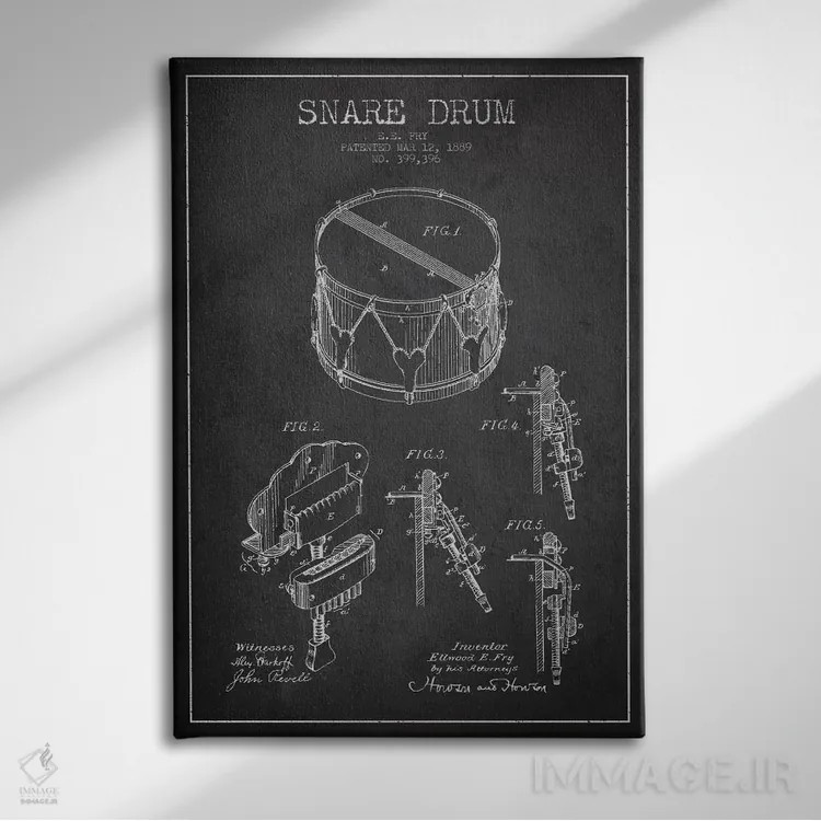 تابلو نقشهٔ اختراعی طبل کوچک (زغالی) اثر پیکسل کهنه (استودیو/نام هنری) - نمای روبهرو روی دیوار