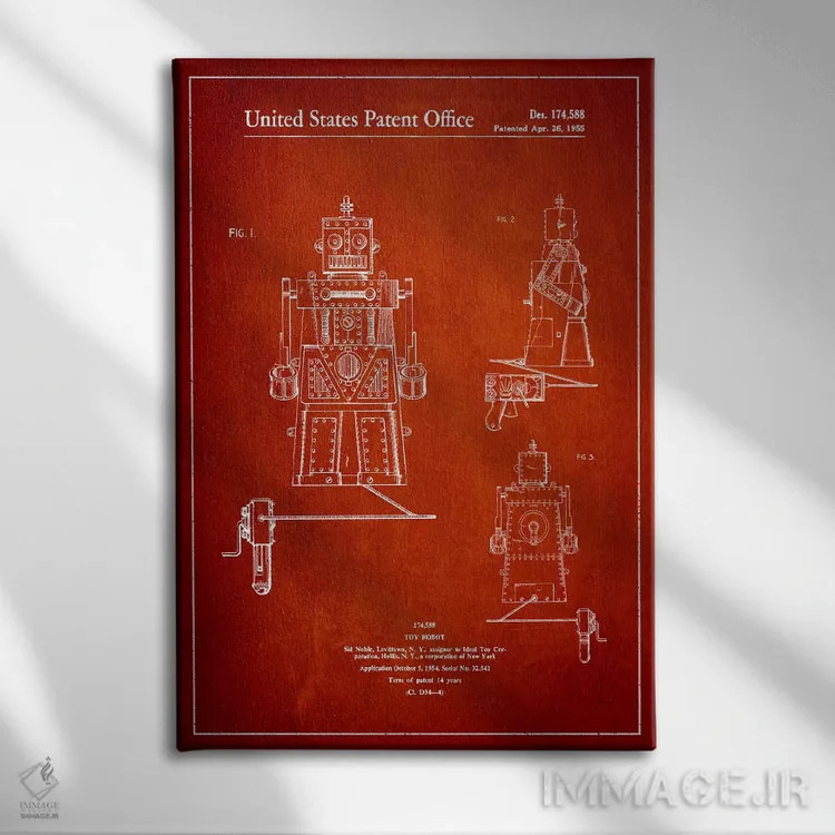 تابلو نقشهٔ پتنت آدمک اسباببازی (قرمز) اثر پیکسل کهنه (استودیو/نام هنری) - نمای روبهرو روی دیوار