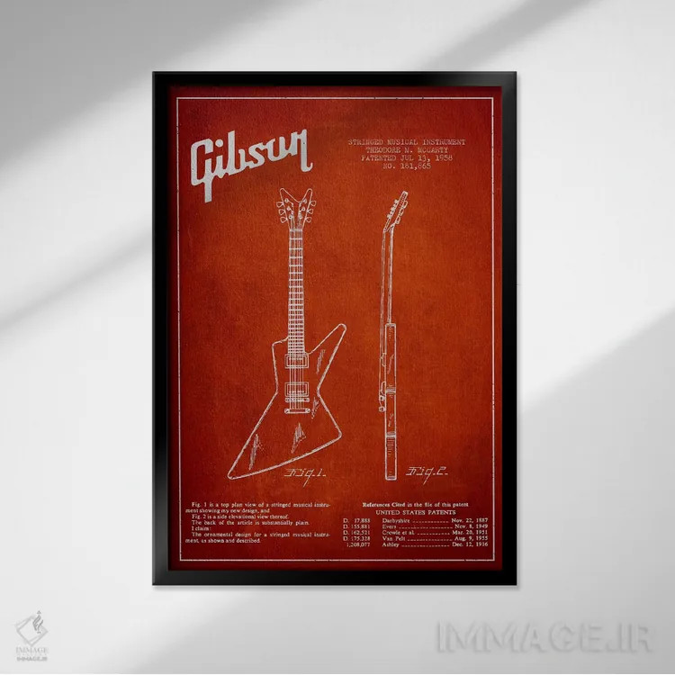 تابلو نقشهٔ اختراعی گیتار برقی گیبسون (قرمز) اثر پیکسل کهنه (استودیو/نام هنری) - نمای قابدار مشکی