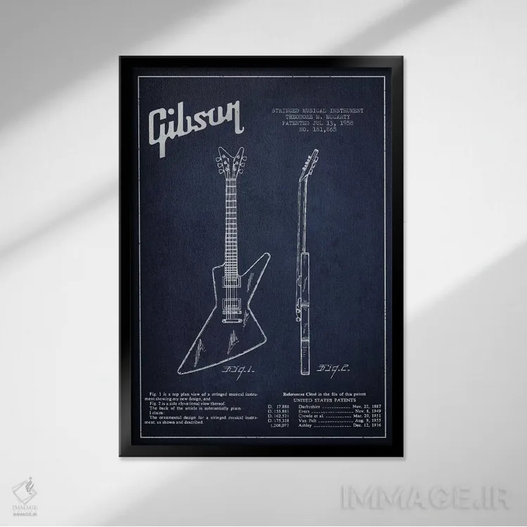 تابلو نقشهٔ اختراعی گیتار برقی گیبسون (آبی نفتی) اثر پیکسل کهنه (استودیو/نام هنری) - نمای قابدار مشکی