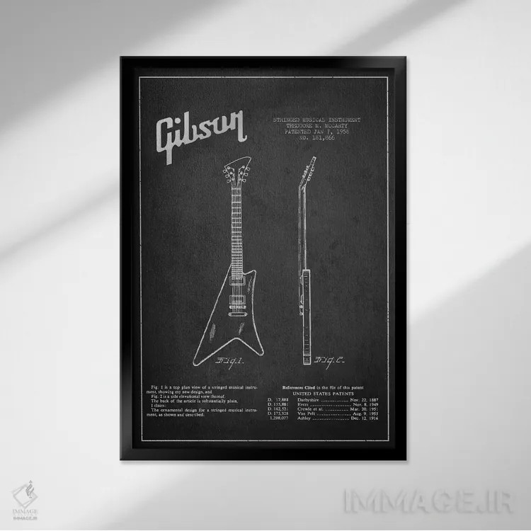 تابلو نقشهٔ اختراعی ساز گیبسون (زغالی) اثر پیکسل کهنه (استودیو/نام هنری) - نمای قابدار مشکی