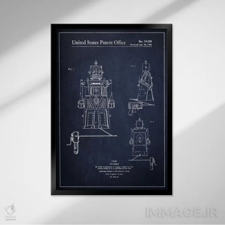 تابلو نقشهٔ پتنت آدمک اسباببازی (آبی نفتی) اثر پیکسل کهنه (استودیو/نام هنری) - نمای قابدار مشکی