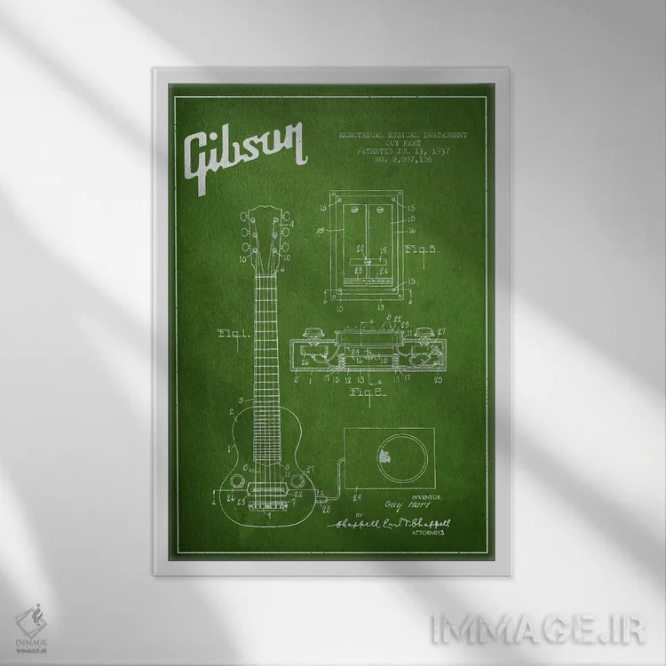 تابلو طرح ثبت اختراع گیتار الکتریک گیبسون (سبز) اثر پیکسل کهنه (استودیو/نام هنری) - نمای قابدار سفید