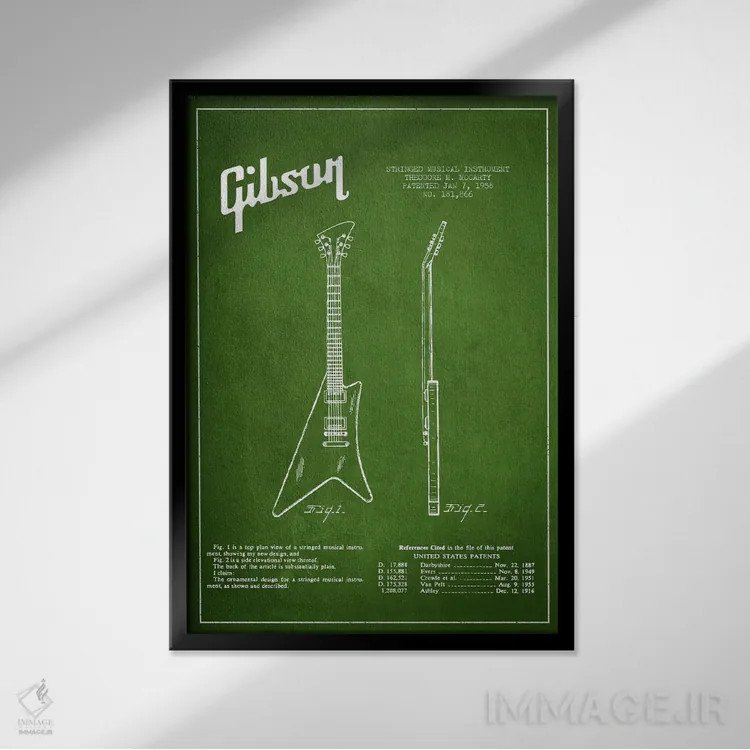 تابلو نقشهٔ اختراعی ساز گیبسون (سبز) اثر پیکسل کهنه (استودیو/نام هنری) - نمای قابدار مشکی