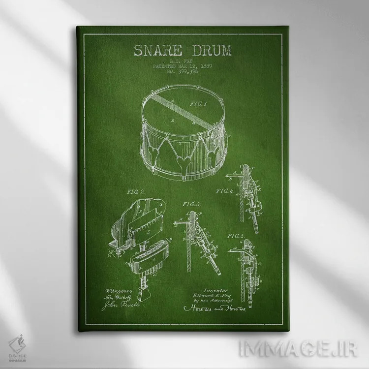 تابلو نقشهٔ اختراعی طبل کوچک (سبز) اثر پیکسل کهنه (استودیو/نام هنری) - نمای روبهرو روی دیوار