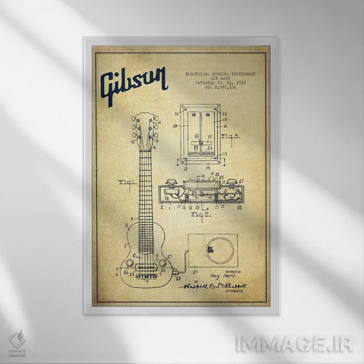 تابلو طرح ثبت اختراع گیتار الکتریک گیبسون (کهنه) اثر پیکسل کهنه (استودیو/نام هنری) - نمای قابدار سفید