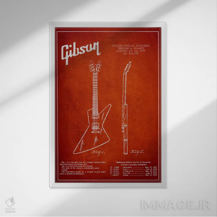 تابلو نقشهٔ اختراعی گیتار برقی گیبسون (قرمز) اثر پیکسل کهنه (استودیو/نام هنری) - نمای قابدار سفید