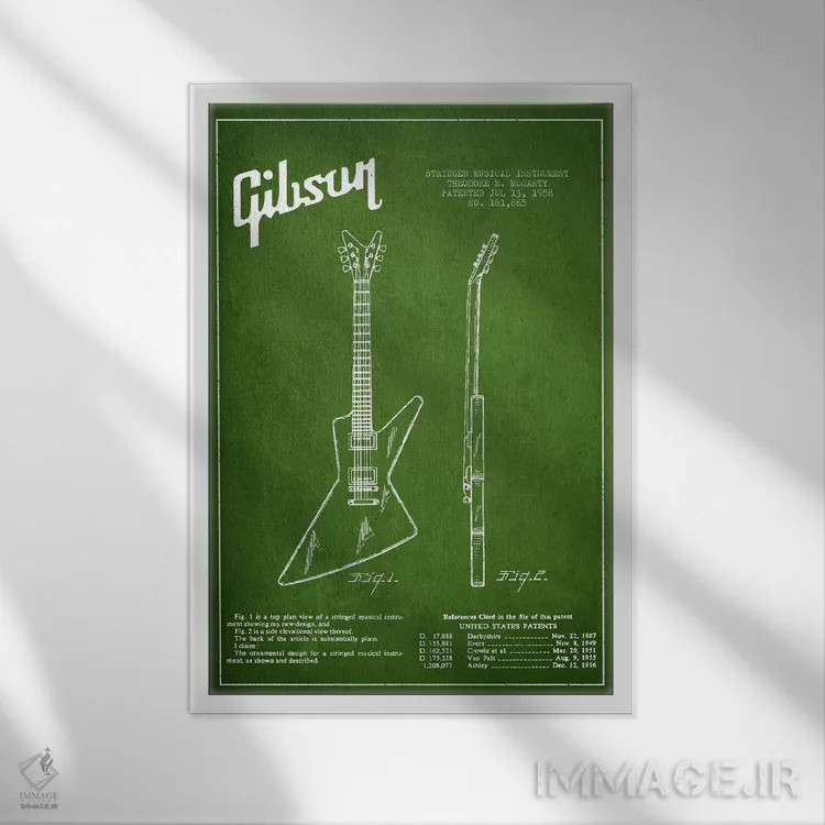 تابلو طرح ثبت اختراع گیتار الکتریک گیبسون (سبز) اثر پیکسل کهنه (استودیو/نام هنری) - نمای قابدار سفید