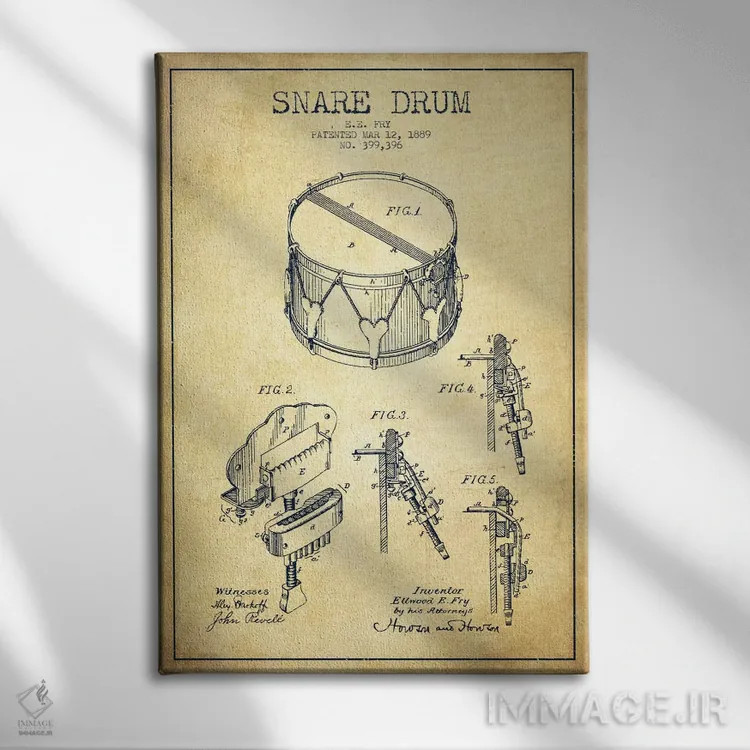 تابلو نقشهٔ اختراعی طبل کوچک (مدل کلاسیک) اثر پیکسل کهنه (استودیو/نام هنری) - نمای روبهرو روی دیوار