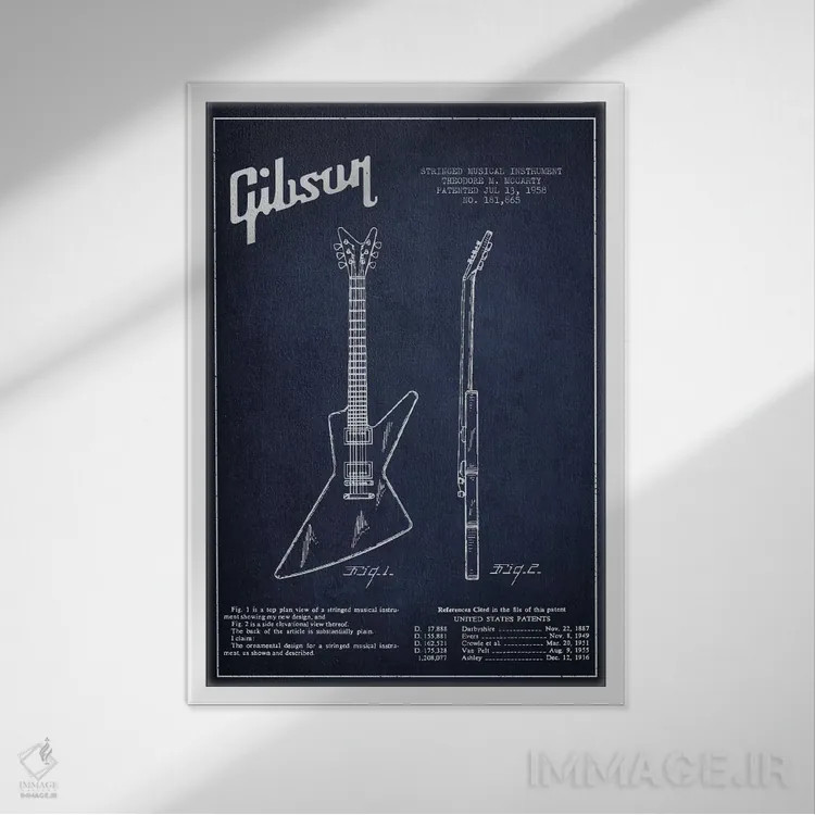تابلو نقشهٔ اختراعی گیتار برقی گیبسون (آبی نفتی) اثر پیکسل کهنه (استودیو/نام هنری) - نمای قابدار سفید