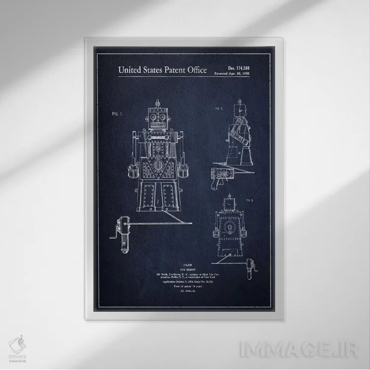 تابلو نقشهٔ پتنت آدمک اسباببازی (آبی نفتی) اثر پیکسل کهنه (استودیو/نام هنری) - نمای قابدار سفید