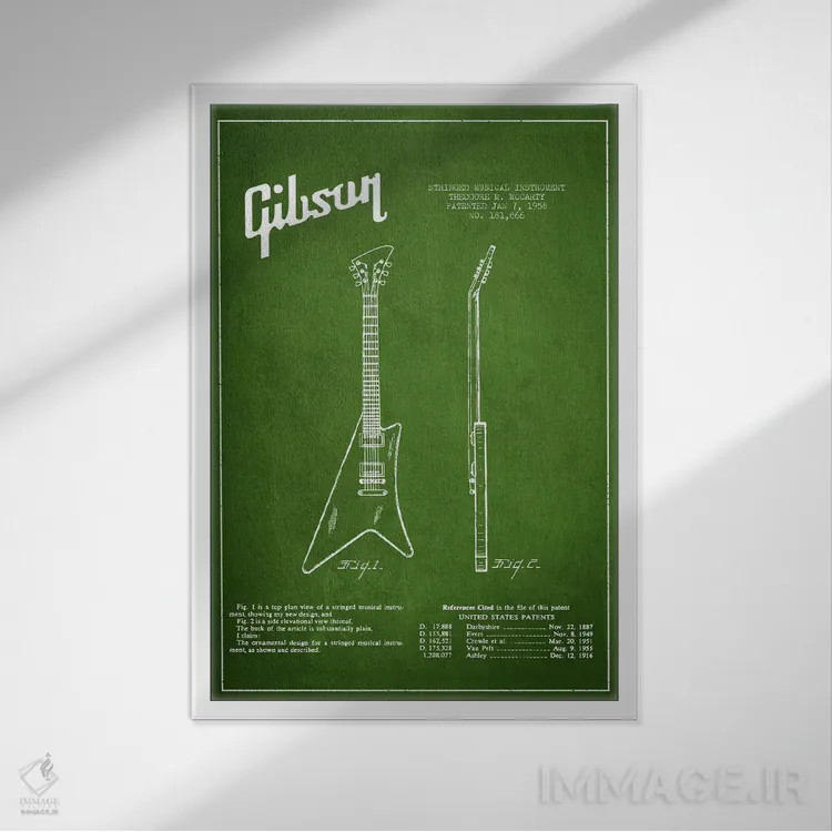 تابلو نقشهٔ اختراعی ساز گیبسون (سبز) اثر پیکسل کهنه (استودیو/نام هنری) - نمای قابدار سفید