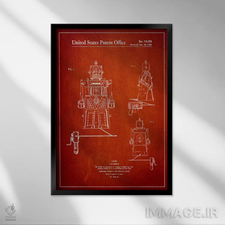 تابلو نقشهٔ پتنت آدمک اسباببازی (قرمز) اثر پیکسل کهنه (استودیو/نام هنری) - نمای قابدار مشکی