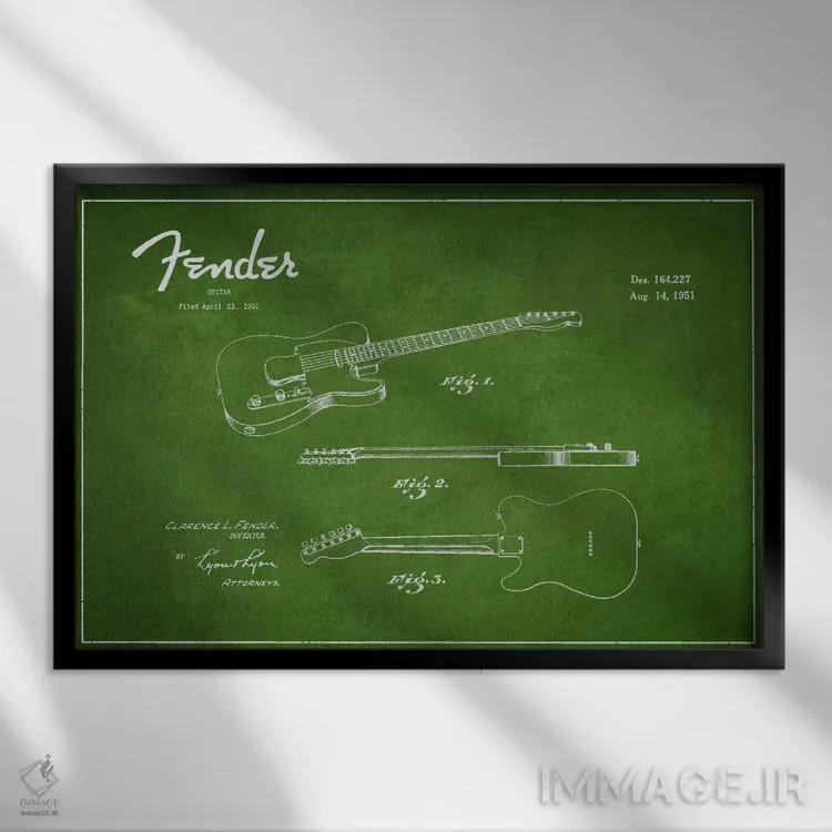 تابلو نقشهٔ پتنت گیتار فندر اثر پیکسل کهنه (استودیو/نام هنری) - نمای قابدار مشکی