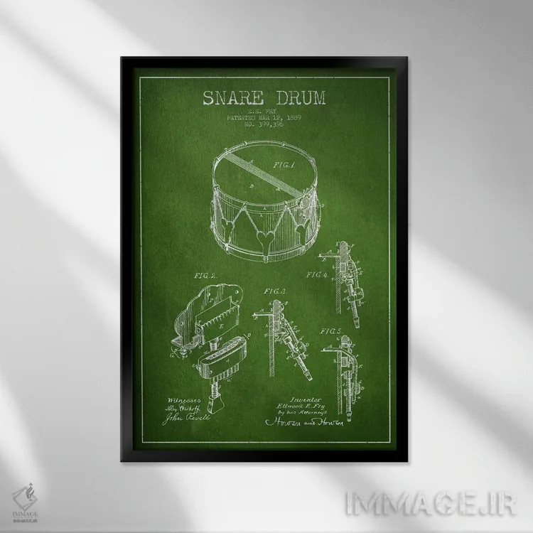 تابلو نقشهٔ اختراعی طبل کوچک (سبز) اثر پیکسل کهنه (استودیو/نام هنری) - نمای قابدار مشکی