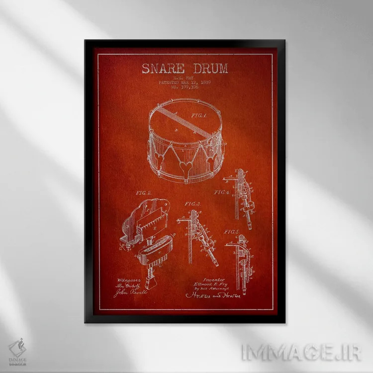 تابلو نقشهٔ اختراعی طبل کوچک (قرمز) اثر پیکسل کهنه (استودیو/نام هنری) - نمای قابدار مشکی