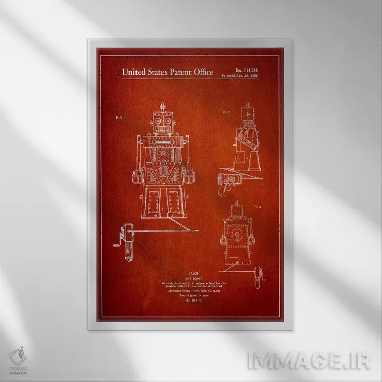تابلو نقشهٔ پتنت آدمک اسباببازی (قرمز) اثر پیکسل کهنه (استودیو/نام هنری) - نمای قابدار سفید