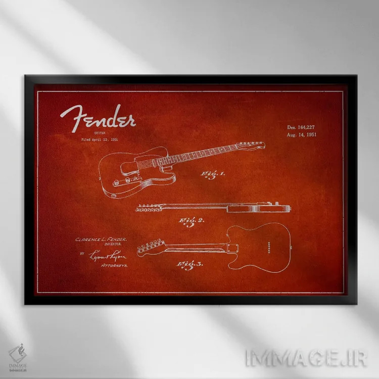 تابلو نقشهٔ پتنت گیتار فندر (قرمز) اثر پیکسل کهنه (استودیو/نام هنری) - نمای قابدار مشکی