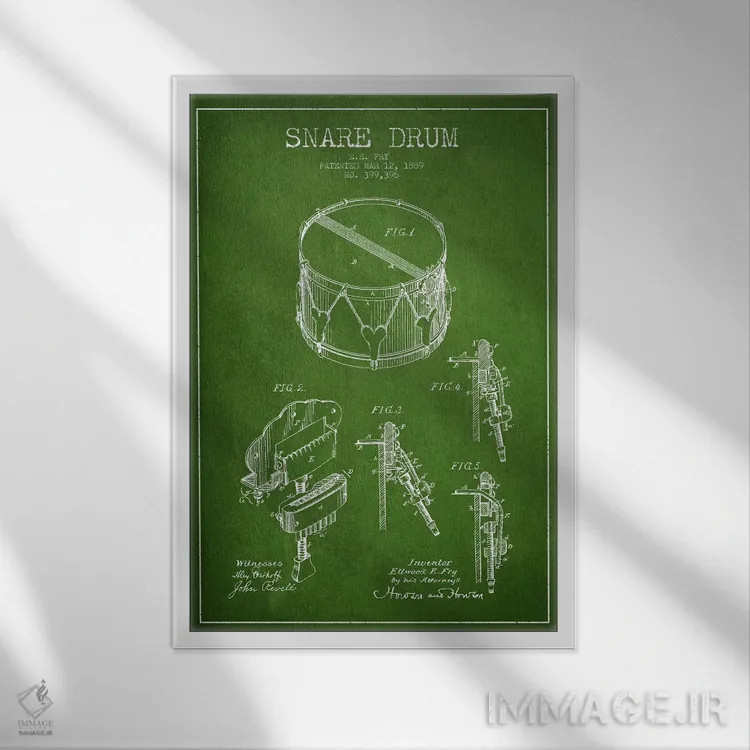 تابلو نقشهٔ اختراعی طبل کوچک (سبز) اثر پیکسل کهنه (استودیو/نام هنری) - نمای قابدار سفید